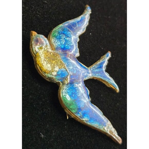 Vintage Bluebird Brooch Pin Goldtone with Blue Enamel - Picture 1 of 4